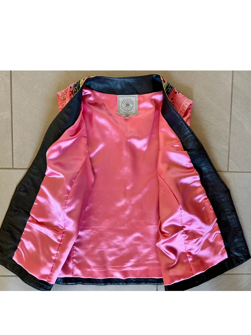 Double D Ranch Black Leather Vest embroidered flowers birds play nice be free - Picture 9 of 10